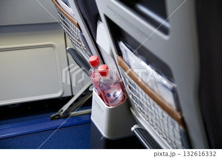 Frankfurt, Germany, June 10, 2019: Two Water Bottles for Passengers in Premium Economy Cabin on Long Haul Flight Frankfurt, Germany, June 10, 2019: Two Water Bottles for Passengers in Premium Economy Cabin on Long Haul Flight 132616332