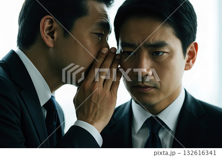 耳元で極秘情報を囁くビジネスマンと真剣な表情の同僚(AI生成画像) 耳元で極秘情報を囁くビジネスマンと真剣な表情の同僚(AI生成画像) 132616341