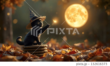 A black kitten wearing a whimsical witch hat sits on a stack of wooden discs surrounded by autumn leaves. It reaches out toward a glowing object, possibly a firefly, against a backdrop of a bright ful 132616373