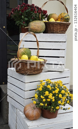 Autumn still life with pumpkins, yellow quinces, and flowers arranged on white wooden crates. The image symbolizes the concept of harvest season and cozy rustic decoration 132616404