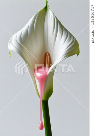 A single white calla lily (Zantedeschia aethiopica) with an elongated, smooth petal encloses a central copper-colored spadix. Pink liquid drips from the spadix, adding a surreal element to the image. A single white calla lily (Zantedeschia aethiopica) with an elongated, smooth petal encloses a central copper-colored spadix. Pink liquid drips from the spadix, adding a surreal element to the image. 132616717