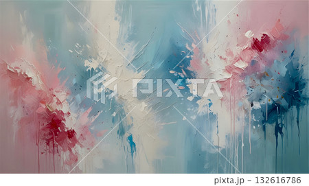 Abstract painting featuring dynamic splashes of pink, white, and blue against a soft pastel background. Paint drips and layered strokes create a sense of motion and energy. The composition is divided  132616786