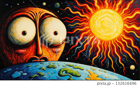 Excited sun looking at earth shocked, very surprised and worried 132616896