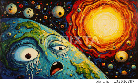 Excited sun looking at earth shocked, very surprised and worried 132616897