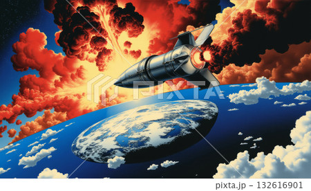 A missile with a nuclear warhead flies above the Earth, invincible force and danger A missile with a nuclear warhead flies above the Earth, invincible force and danger 132616901