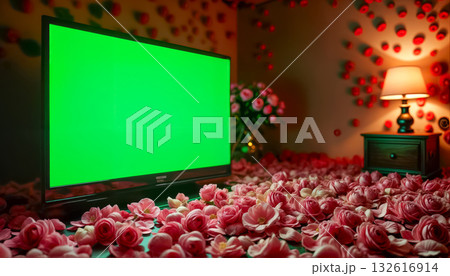 In this airy contemporary space filled with natural light, crimson rose petals adorn surfaces near a flatscreen stuck on green. 132616914