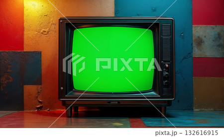 A stylish minimalist interior with a large TV frozen on a green background A stylish minimalist interior with a large TV frozen on a green background 132616915