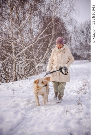 Elderly woman walking her Golden Retriever along a snow-covered path in the countryside. The woman holds the leash and smiles warmly at her dog during a quiet winter stroll among bare trees. 132616948