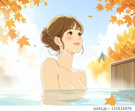 美優シリーズ：湯気に包まれた秋の露天風呂でリラックスする若い女性 132616976