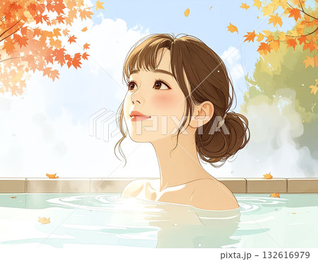 美優シリーズ:湯気に包まれた秋の露天風呂でリラックスする若い女性 美優シリーズ:湯気に包まれた秋の露天風呂でリラックスする若い女性 132616979