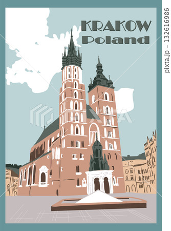 Vintage travel poster of Krakow, Poland featuring the historic St. Marys Basilica under a pastel sky. Concept of tourism, architecture and European cultural heritage 132616986