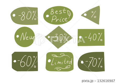Set of green sale tags with discounts and eco messages in hand-drawn style. Concept of eco shopping, promotion and sustainable marketing design 132616987