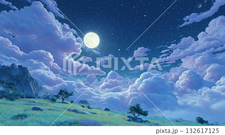 丘の上の木々と夜空の雲:ファンタジーな雰囲気のイラストレーション 丘の上の木々と夜空の雲:ファンタジーな雰囲気のイラストレーション 132617125