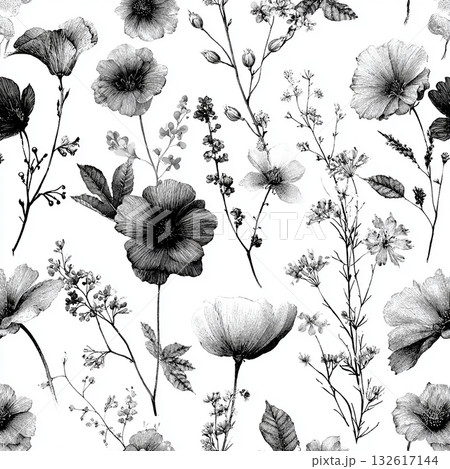 繊細なスケッチ風の花と枝のシームレスなテキスタイル模様 132617144