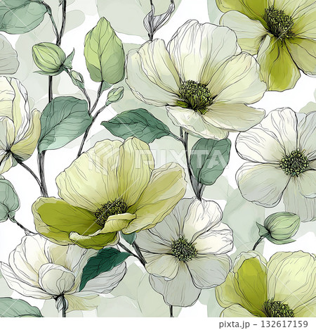 繊細な線画と水彩で描かれた、大輪の白い花のテキスタイル 繊細な線画と水彩で描かれた、大輪の白い花のテキスタイル 132617159