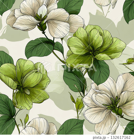 優雅なクリーム色の花と濃緑の葉:クラシックなボタニカルパターン 優雅なクリーム色の花と濃緑の葉:クラシックなボタニカルパターン 132617162
