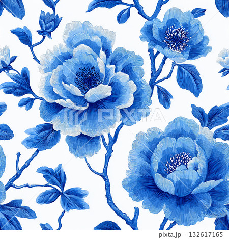 鮮やかな青と白のコントラスト:陶磁器のような美しい牡丹模様 鮮やかな青と白のコントラスト:陶磁器のような美しい牡丹模様 132617165