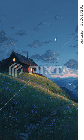 幻想的な青い夜に輝く丘の上の小さな家 幻想的な青い夜に輝く丘の上の小さな家 132617291
