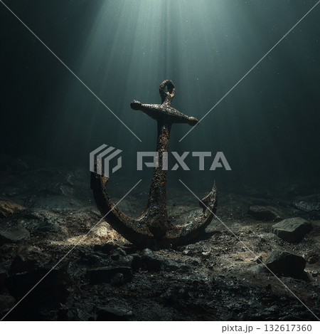 時間の経過:海底に横たわる錆びた錨 時間の経過:海底に横たわる錆びた錨 132617360