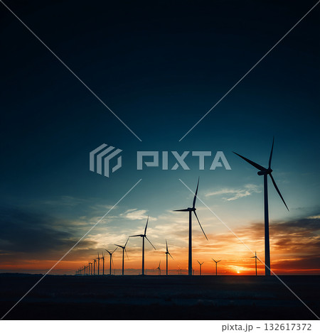 オレンジと紺色のグラデーション:風車のシルエット オレンジと紺色のグラデーション:風車のシルエット 132617372