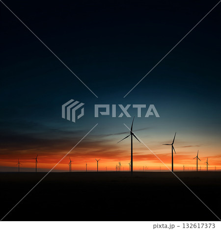 エコと未来：地平線に並ぶ風力発電機 132617373