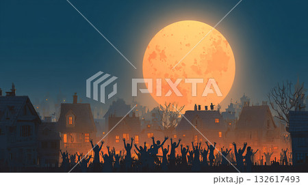 建物と人々のシルエットで構成された、縦長構図の夜景イラスト 132617493