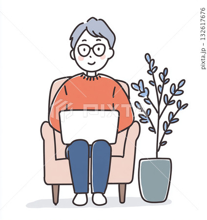 椅子に座ってノートパソコンを楽しむ、親しみやすい雰囲気の人物イラスト 132617676