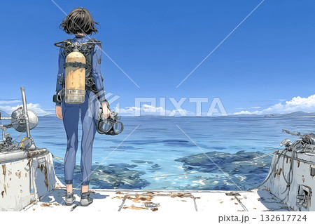 潜る準備が整い海を見つめる女性ダイバー　後ろ姿 132617724