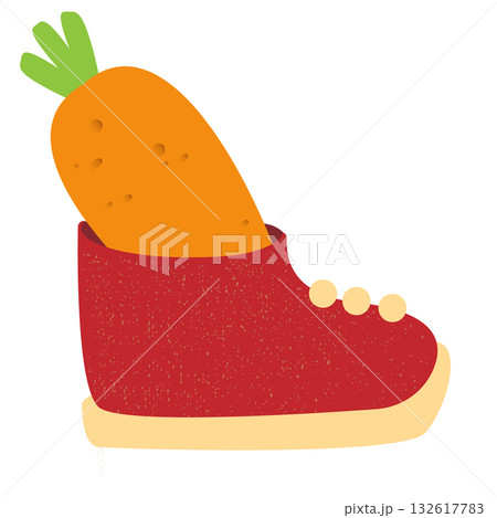 Winter boots with carrot inside, symbol of Sinterklaas. Sinterklaas cartoon hand drawn shoes with carrot. Saint Nicholas Day Poster Vector, Dutch Holiday Celebration Card with Gift in Red Boot 132617783