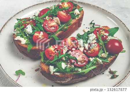 arugula sandwiches and cherry tomatoes, cheese with mold, breakfast, snack, homemade, 132617877