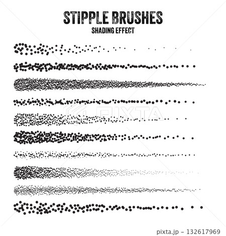 Ink scatter brush, stipple drawing and texturing. Fading gradient. Stippling, dotwork drawing, shading using dots. Halftone disintegration effect. White noise grainy texture. Vector illustration 132617969