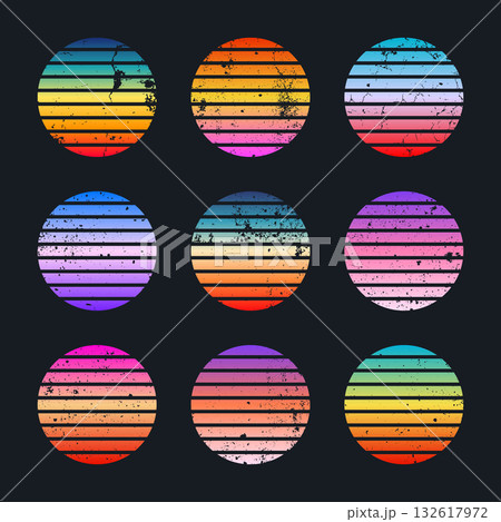Grunge vintage colorful sunset. Striped gradient sunrise badges in 80s and 90s style. Sun and ocean view, summer vibes, surfing. Design element for print, logo or t-shirt. Vector illustration 132617972