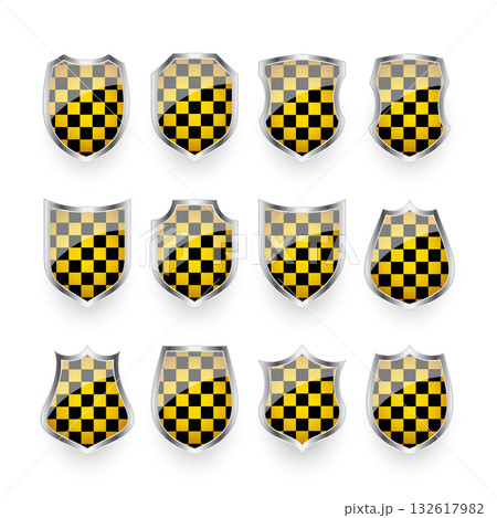 Glossy shields with yellow and black pattern. Security and protection concept. Cyber safety icons, internet privacy, web defense, digital data protection and antivirus themes. Vector illustration 132617982