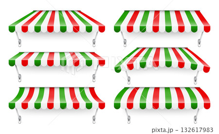 Shop sunshade with metal holder. Realistic striped cafe awning. Outdoor market tent. Roof canopy in Italian flag colors. Summer street store. Vector illustration 132617983