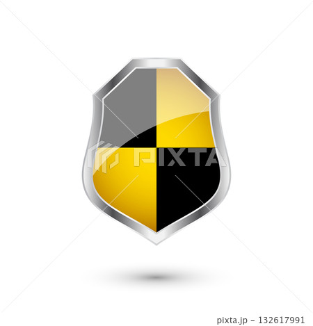 Glossy shield with yellow and black pattern. Security and protection concept. Cyber safety icons, internet privacy, web defense, digital data protection and antivirus themes. Vector illustration 132617991