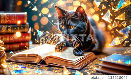 A magical cat tells fortunes on a Magic Book from the wizard's room, cyclic video 132618045