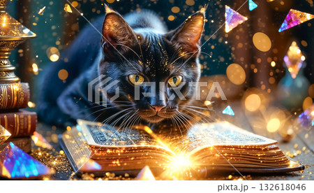 A magical cat tells fortunes on a Magic Book from the wizard's room, cyclic video 132618046