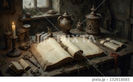 Magic book and tarot cards, fortune telling on Halloween night Magic book and tarot cards, fortune telling on Halloween night 132618085