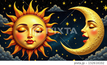 Colorful folklore sun and moon, mysteriously smiling and slowly circling around each other. 132618102