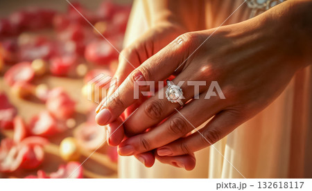 Beautiful and gentle hand of the bride with a wedding ring 132618117