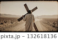 The martyr Christ carries a heavy cross along the deserted road to Golgotha. 132618136