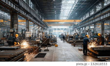 Industrial workers wearing protective gear welding metal frame in dimly lit workshop. Men with protective goggles welding in factory, creating sparks and smoke in industrial setting. 132618553