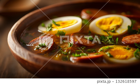 Hearty Sausage and Egg Soup with Fresh Herbs in Wooden Bowl 132618597
