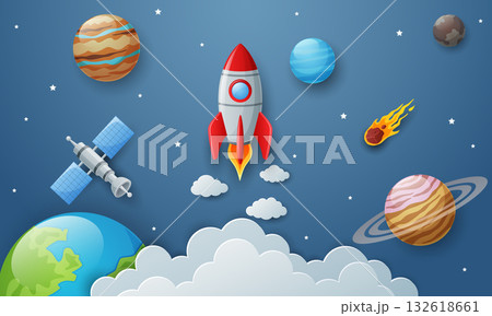 Space background with rocket and planets in paper art style Space background with rocket and planets in paper art style 132618661