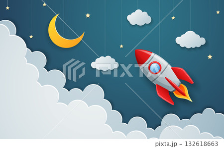 Rocket flying in the sky. Paper art style Rocket flying in the sky. Paper art style 132618663