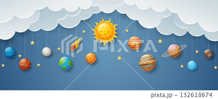 Space background with planets and clouds in paper art style Space background with planets and clouds in paper art style 132618674