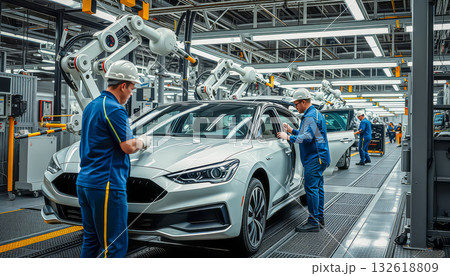Manufacturing engineers monitor the assembly process of a car on a production line in a car assembly plant Manufacturing engineers monitor the assembly process of a car on a production line in a car assembly plant 132618809