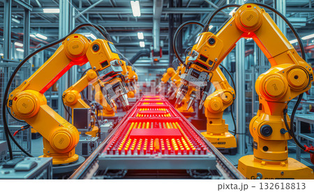 Robotic production line at an electrical engineering plant 132618813