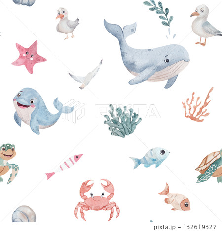 Watercolor seamless pattern with cute sea animals. Whale, crab, turtle, fish, coral, and seagulls. Marine-themed illustration in a children style, isolated on white background. 132619327