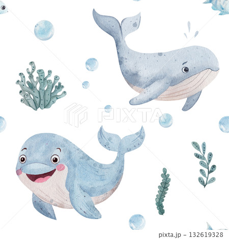 Seamless watercolor pattern with a blue smiling whale, dolphin, fish, seaweed, and air bubbles. Children's style illustration, white background. Marine theme for design, postcards 132619328